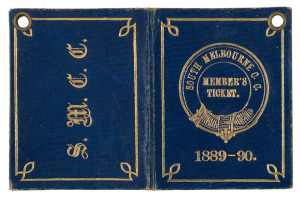 SOUTH MELBOURNE CRICKET CLUB: 1889-90 Membership Ticket, No.411 for A.J. Stodgett. Royal blue leather, with gold embossing.
