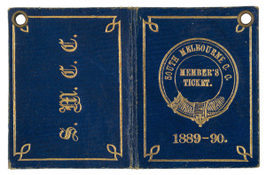 SOUTH MELBOURNE CRICKET CLUB: 1889-90 Membership Ticket, No.411 for A.J. Stodgett. Royal blue leather, with gold embossing.