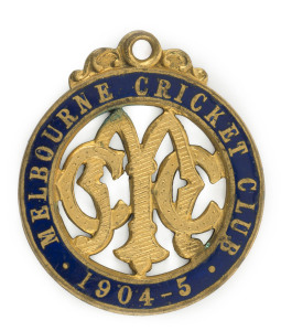 MELBOURNE CRICKET CLUB, 1904-5 Membership fob, made by Stokes, unusually, with dark blue enamel instead of the white which is usually seen. Without an impressed number, we believe this was a proposal submitted by Stokes. It was probably not adopted beca