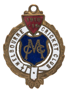 MELBOURNE CRICKET CLUB, 1918-19 membership badge, made by C. Bentley, excellent condition.