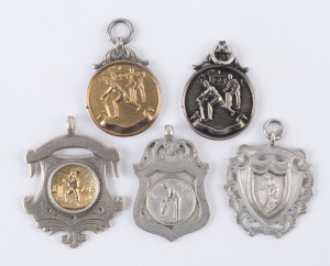 Five unengraved cricket award fobs; various metals and designs, circa 1930s. (5 items).