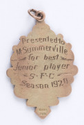 Attractive 9ct gold fob (5.2gms) engraved verso "Presented to M. Summerville for best Junior player - S.F.C. - Season 1920." - 2