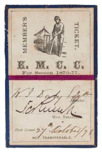 EAST MELBOURNE CRICKET CLUB: 1876-77 Member's Season ticket, blue leather with gold embossing, the interior printed in black with a charming image of a batsman at wicket, space for the member's name in manuscript (W.J. Daly) and the signature of the Honorary Treasurer, J.G. Russell. Superb condition and extremely rare.