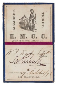 EAST MELBOURNE CRICKET CLUB: 1876-77 Member's Season ticket, blue leather with gold embossing, the interior printed in black with a charming image of a batsman at wicket, space for the member's name in manuscript (W.J. Daly) and the signature of the Honor