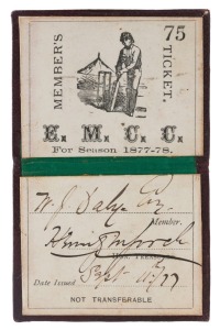EAST MELBOURNE CRICKET CLUB: 1877-78 Member's Season ticket, brown leather with gold embossing, the interior printed in black with a charming image of a batsman at wicket, space for the member's name in manuscript (W.J. Daly) and the signature of the Honorary Treasurer. The member's number "75" is stamped in black. Superb condition and extremely rare.