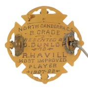 1927-28 NORTH CANBERRA CRICKET CLUB: 9ct gold pin badge "Presented by D. Dunlop to R. Havill, most improved player 1927-28. Parliament House, Canberra was opened in 1927. - 2