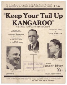 1936-37 ASHES SERIES IN AUSTRALIA: song sheet for "Keep Your Tail Up KANGAROO - The Official Australian Cricket Chorus Song" composed by Neil McBeath; published by the V.C.A. and radio station 3AW, with the instruction "To be broadcast and sung at the M.C