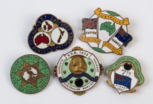 BOWLING: enamelled bowling badges comprising 1937-38 British Bowlers Antipodes Tour (made by Sports Travel Co Ltd), 1937-38 NSW 1938 Eleventh Australian Bowling Carnival 'Australia's 150th Anniversary', 1938 Australian Bowling Council Empire Games, 1949 Australian Bowling Side New Zealand Tour and 1961 Australian Women's Bowling Carnival