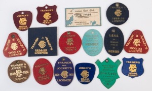 TASMANIAN RACING CLUB, TASMANIAN TURF CLUB, NORTHERN TASMANIAN TROTTING CLUB and other Tasmanian clubs, 1932-33 - 1955-56 collection of trainer's, jockey's licences and other types of passes or membership cards. (16 different).