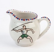 1960 ROME OLYMPICS: small ceramic cream jug showing Olympics Rings and a stylized javelin thrower, marked 'Italy, '62' on base, height 6cm. - 2