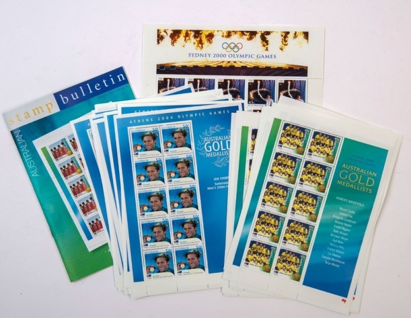 2000 SYDNEY OLYMPICS: Australia Post Australian Gold Medallists 45c sheetlets of 10 (16), plus Cathy Freeman/Olympic Torch 45c sheetlet of 10; also 2004 Athens Australian Gold Medallists 50c sheetlets of 10 (17); very fine condition, as issued. (34 items)