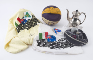 Selection with BASKETBALL: c. late 1980s Sydney Kings signed basketball, RUGBY UNION: Queensland Rugby Union Metway Bank sponsor's cap; TENNIS: Paul Macnamee signed 'Sfida Pro Team' t-shirt and jumper; also unknown sport 'O.B.C./President's Trophy/Won by/ N.H. Dickinson/1940-41' silver plated coffee pot trophy made by Hecworth (Sheffield, England). (5 items)