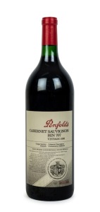 1986 PENFOLDS Bin 707, Cabernet Sauvignon, South Australia, bottle no. 582 in original wooden case (1 magnum).  Penfolds Red Wine Clinic 2010 label verso. 