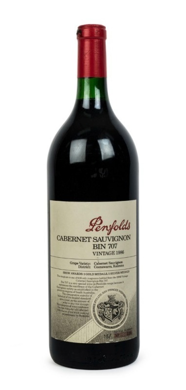 1986 PENFOLDS Bin 707, Cabernet Sauvignon, South Australia, bottle no.326 in original wooden case (1 magnum).  Penfolds Red Wine Clinic 2010 label verso.