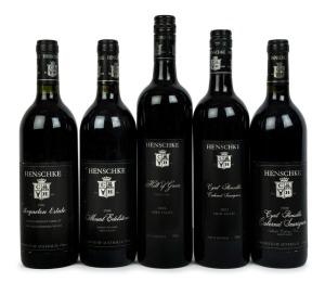 HENSCHKE: 1998 Cyril Henschke Cabernet Sauvignon (1 bottle), 1998 Mount Edelstone Shiraz, (1 bottle), 1999 Keyneton Estate Shiraz Blend, (1 bottle), 2003 Cyril Henschke Cabernet Sauvignon, (1 bottle), 2004 Hill Of Grace Shiraz, (1 bottle). Total 5 bottles.