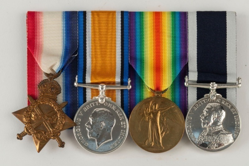 A group of four medals to Petty Officer FREDERICK EAMES of the Royal Navy. The medals comprise of a 1914-15 Star, British War and Victory Medals (1914-19) and a Royal Navy Long Service & Good Conduct Medal (KGV). Court mounted for display and accompanied