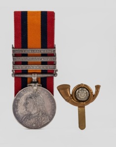 A Queens SOUTH AFRICA MEDAL with 3 clasps (Transvaal, South Africa 1901, South Africa 1902) to Private J. KNOWLES, 2nd Battalion, Yorkshire Light Infantry; also a Yorkshire Light Infantry cap badge; together with copies of service papers, medal rolls, etc