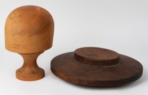 Two antique huon pine hat blocks, both stamped "GODFREY MELBOURNE", 19th/20th century, the larger 25cm high, the other 34cm wide