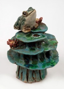 ARTIST UNKNOWN Australian studio pottery frog in the pond ornament, made in two sections, 23cm high, 27cm wide