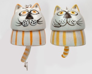 McLAREN pair of pottery cat chimes, incised "McLaren", 11cm high