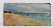 ARTIST UNKNOWN (Australian), (beach scene landscape), oil on cedar panel, monogram lower left (illegible), ​​​​​​​10 x 20.5cm