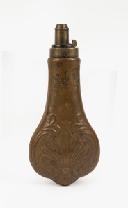 An antique copper and brass powder flask, 19th century, 20.5cm long