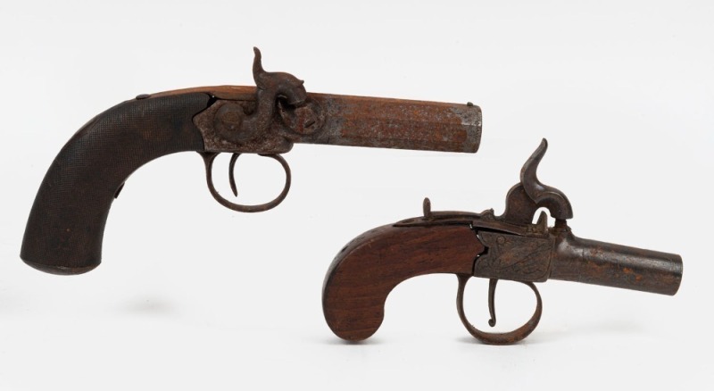 Two antique English percussion cap pocket pistols, early 19th century, 20cm and 14.5cm