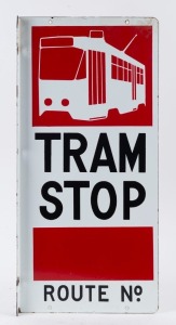 TRAM STOP two vintage enamel signs, circa 1970s/80s, ​​​​​​​58cm x 28cm each overall