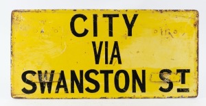 Tram destination signs comprising "EAST COBURG", "CITY VIA SWANSTON STREET", "PARK STREET NORTH CARLTON", and "VIA DANDENONG ROAD", (4 items), 28cm x 56cm each overall