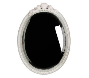 Jasper ware porcelain framed oval mirror with cherubs. 20th century. 52 x 39cm
