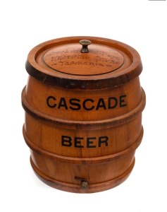 CASCADE BEER Tasmanian souvenir turned timber beer barrel with pokerwork inscription "Greetings from Hastings Caves Tasmania", 19th/20th century, 10cm high