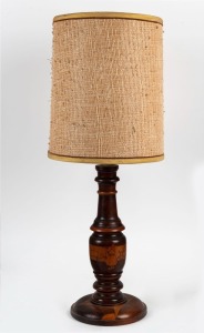 A vintage Australian pokerwork table lamp and shade, early 20th century, bearing original retailer's label "F.C. CROSS Pty. Ltd. Home Furnishers, Bendigo", 74cm high