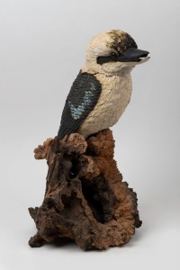 Australian pottery kookaburra ornament mounted on mulga wood base, ​​​​​​​47cm high