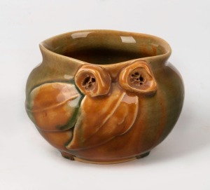 REMUED green and brown glazed pottery bowl with applied gumnuts and leaves, 7cm high, 10cm wide