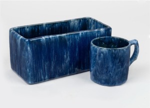 JOHN CAMPBELL blue glazed pottery trough and mug, both incised "John Campbell Tasmania", the trough 9.5cm high, 21cm wide