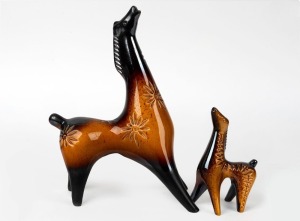 ELLIS two brown glazed pottery horse statues,  the larger 26cm high 