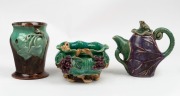 Pottery vase with applied leaf decoration together with studio pottery bowl with grapes and frog, plus a purple and green glazed teapot with frog finial, (3 items),  the largest 14.5cm high 