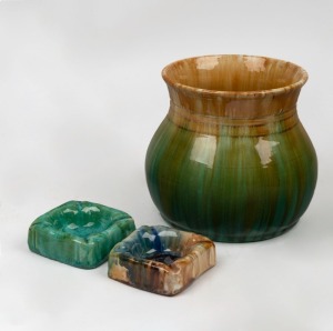 JOHN CAMPBELL green glazed pottery vase together with a pair of pottery ashtrays, (3 items), all incised "John Campbell, Tasmania", the vase 14cm high, 15cm diameter