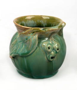 REMUED green glazed pottery vase with applied gumnuts and leaf, incised "Remued", 9cm high, 9cm wide