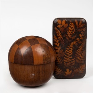 Antique Australian splatterwork cigar case, together with an Australian parquetry box with spherical top, 19th and early 20th century, the cigar case 13.5cm high