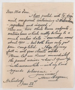 HANS HEYSEN (1877 - 1968) full signature on a one-page letter, dated "Jan.22nd, Hahndorf" (circa 1940) to a "Miss Fern" advising that he had just sent her three watercolours which he hopes "may fall in with your client's wishes". He also advises that "The