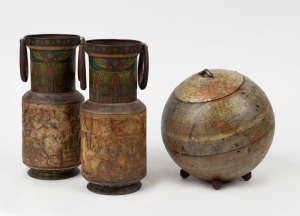 Three assorted vintage confectionary tins, including globe of the world, and Egyptian revival by HUNTLEY & PALMERS LTD, early 20th century, ​​​​​​​the largest 22.5cm high 