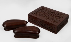 An Australian timber fretwork box together with a pair of kidney shaped blackwood boxes, 19th/20th century,  ​​​​​​​the largest 30cm wide 