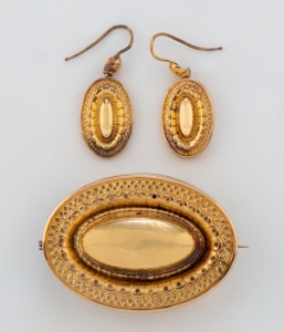 Antique 18ct gold earrings and brooch parure set, 19th century, the brooch 4.2cm wide