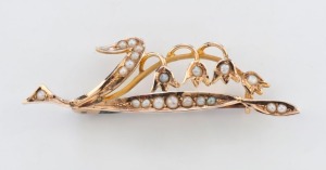 FREDERICK ALBERT FLINT of Tasmania antique yellow gold "Lily of the Valley" brooch, set with seed pearls, 4.5cm wide, 2.4 grams total