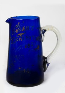 HOBART EXHIBITION 1895 antique blue glass souvenir jug, 14.5cm high