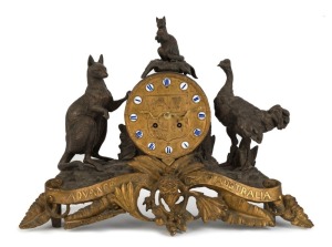 ADVANCE AUSTRALIA antique mantle clock with gilt metal case adorned with kangaroos, emu, snake hands and coat of arms, eight day time and strike French movement, late 19th century, 33cm high, 44cm wide