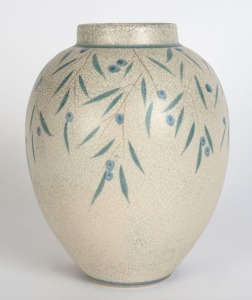 TIM STRACHAN studio pottery vase with hand-painted leaf decoration, signed "T. Strachan", 28cm high