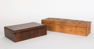 An antique South Australian kauri pine box with folk art carved decoration, together with a fiddleback blackwood box, (two items), ​​​​​​​the larger 33cm wide