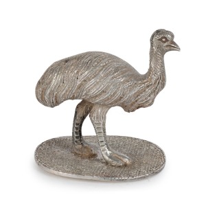 WILLIAM DRUMMOND antique Australian silver emu ornament, 19th century, stamped "PURE AUSTRALIAN SILVER, DRUMMOND, MELBOURNE", 4cm high, 63 grams